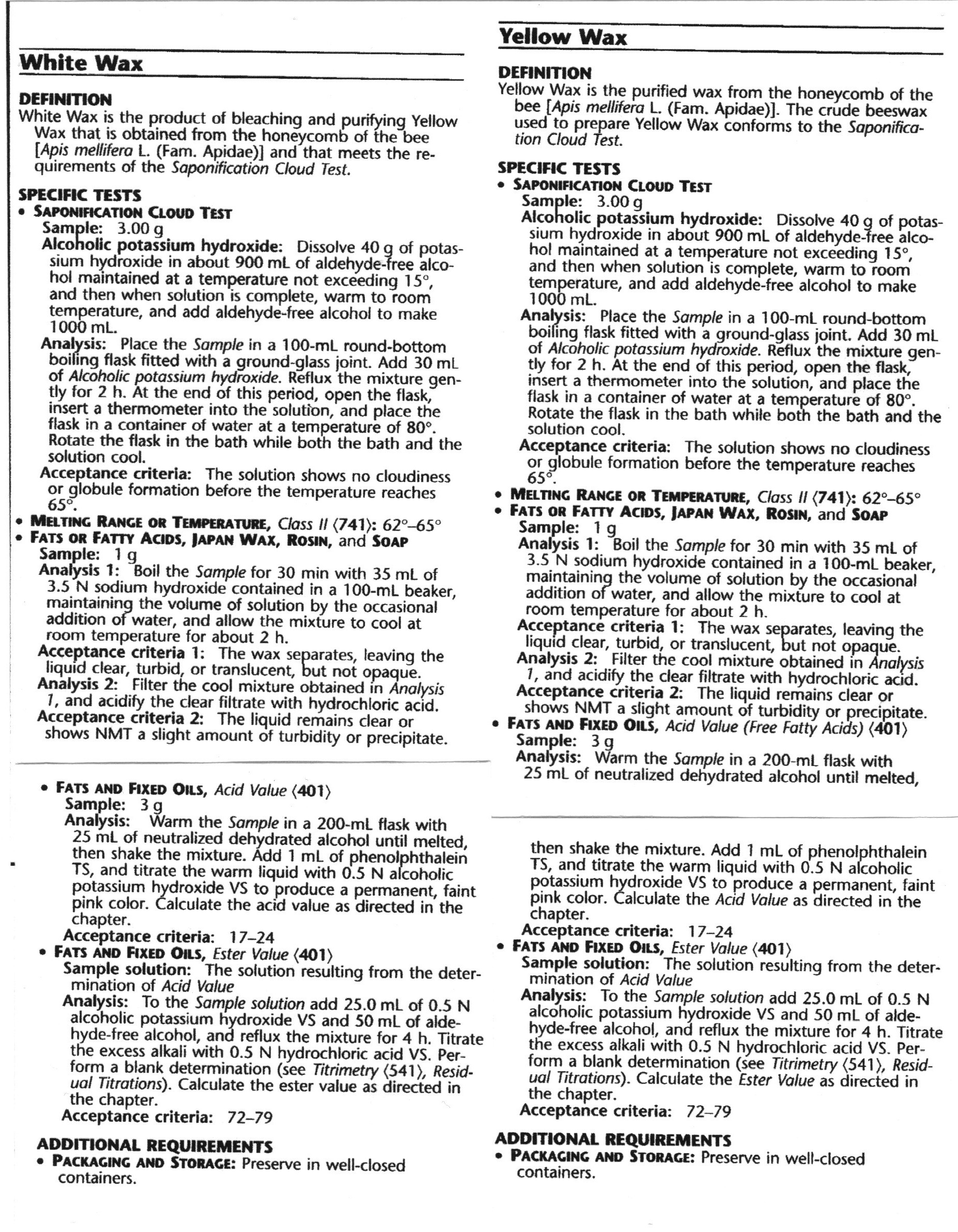 Pharmaceutical grade beeswax as defined by the United States Pharmacopeia and The National Formulary (USP-NF). I scanned & trimmed pages 2277 and 2278 so the info about white and yellow beeswax fit on a single page. 